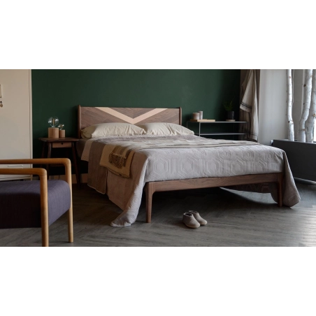 Modern Wooden Bed Frame with Geometric Inlay Headboard