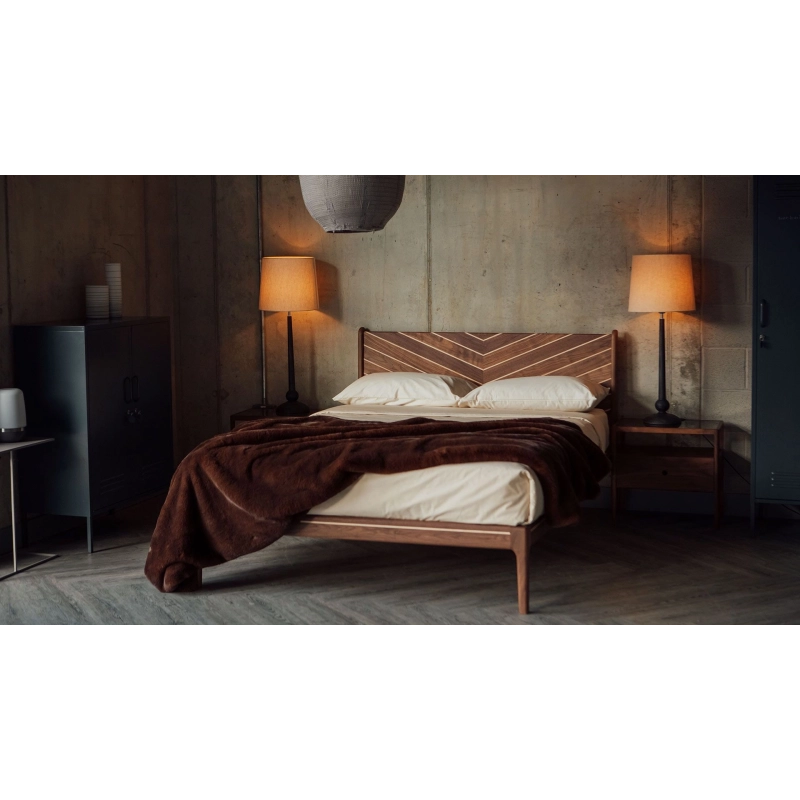 Modern Solid Wood Bed Frame with Chevron Inlay Headboard