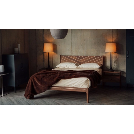 Modern Solid Wood Bed Frame with Chevron Inlay Headboard
