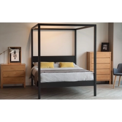 Minimalist Black Metal Canopy Bed with Oak Wood Nightstand and Chest