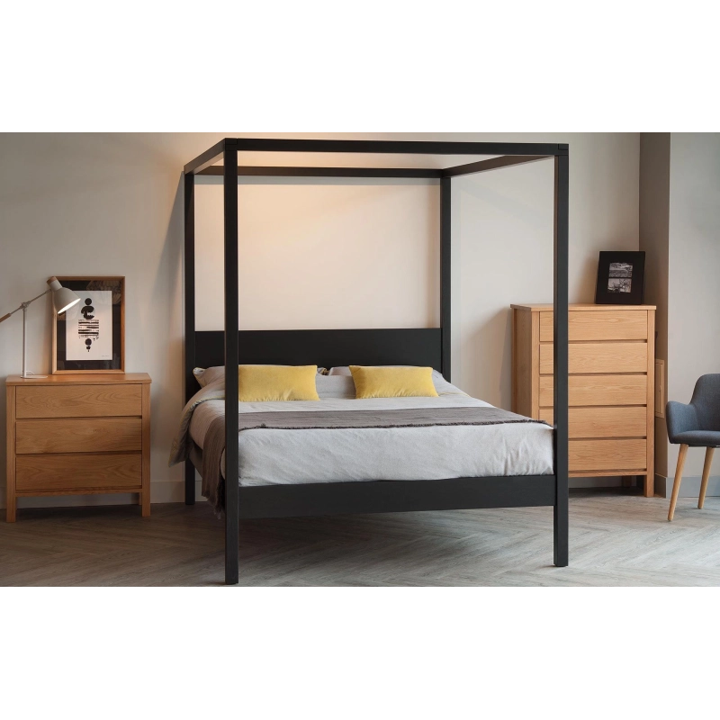 Minimalist Black Metal Canopy Bed with Oak Wood Nightstand and Chest Minimalist Black Metal Canopy Bed with Oak Wood Nightstand and Chest