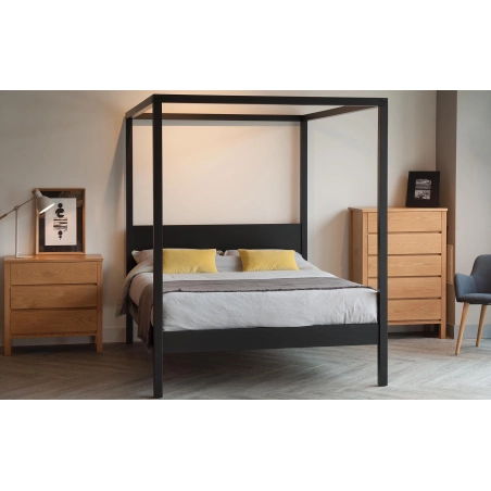 Minimalist Black Metal Canopy Bed with Oak Wood Nightstand and Chest
