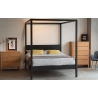 Minimalist Black Metal Canopy Bed with Oak Wood Nightstand and Chest