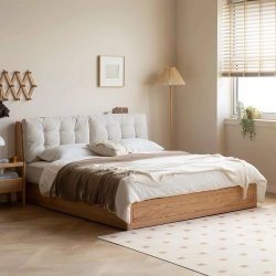 Modern Minimalist Platform Bed Frame with Tufted Fabric Headboard and Wooden Base