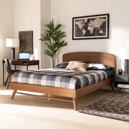 Mid-Century Modern Solid Wood Bed Frame with Headboard