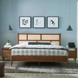 Mid-Century Modern Wood Cane Headboard Bed Frame