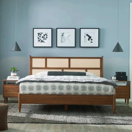 Mid-Century Modern Wood Cane Headboard Bed Frame