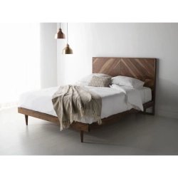 Solid Wood Platform Bed with Geometric Headboard Pattern