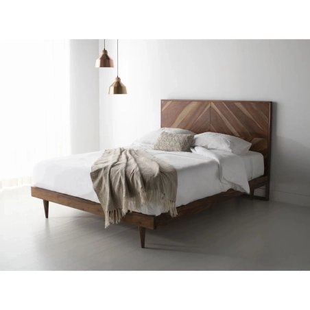 Solid Wood Platform Bed with Geometric Headboard Pattern