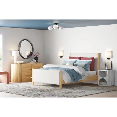 Minimalist Modern Wood Bed Frame with Textured Fabric Headboard