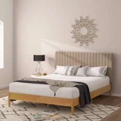 Modern Minimalist Platform Bed Frame with Upholstered Channel Headboard