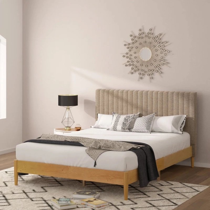 Modern Minimalist Platform Bed Frame with Upholstered Channel Headboard