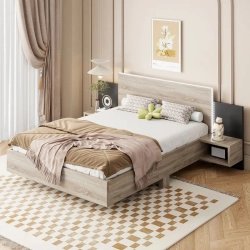 Modern Wooden Bed Frame with LED Headboard and Integrated Nightstand Shelf