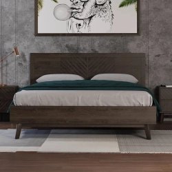 Modern Wooden Platform Bed Frame with Geometric Headboard