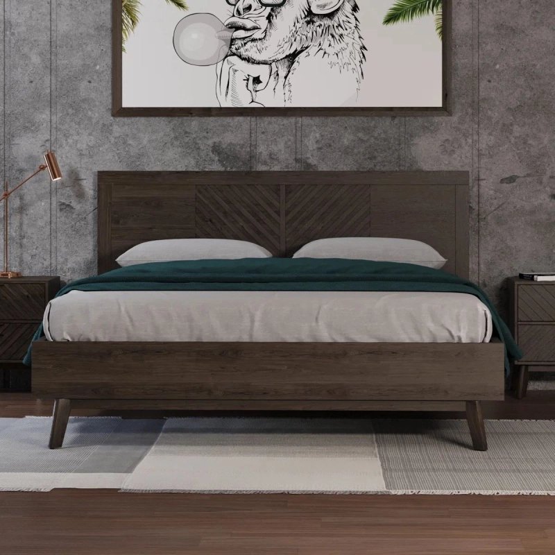 Modern Wooden Platform Bed Frame with Geometric Headboard