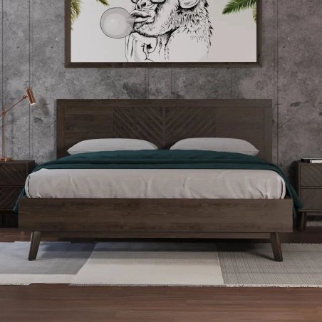 Modern Wooden Platform Bed Frame with Geometric Headboard