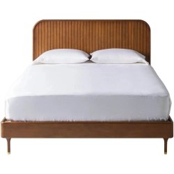 Solid Wood Platform Bed with Fluted Headboard, Mid-Century Modern Style