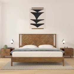Modern Solid Wood Bed Frame with Geometric Headboard and Nightstands Set