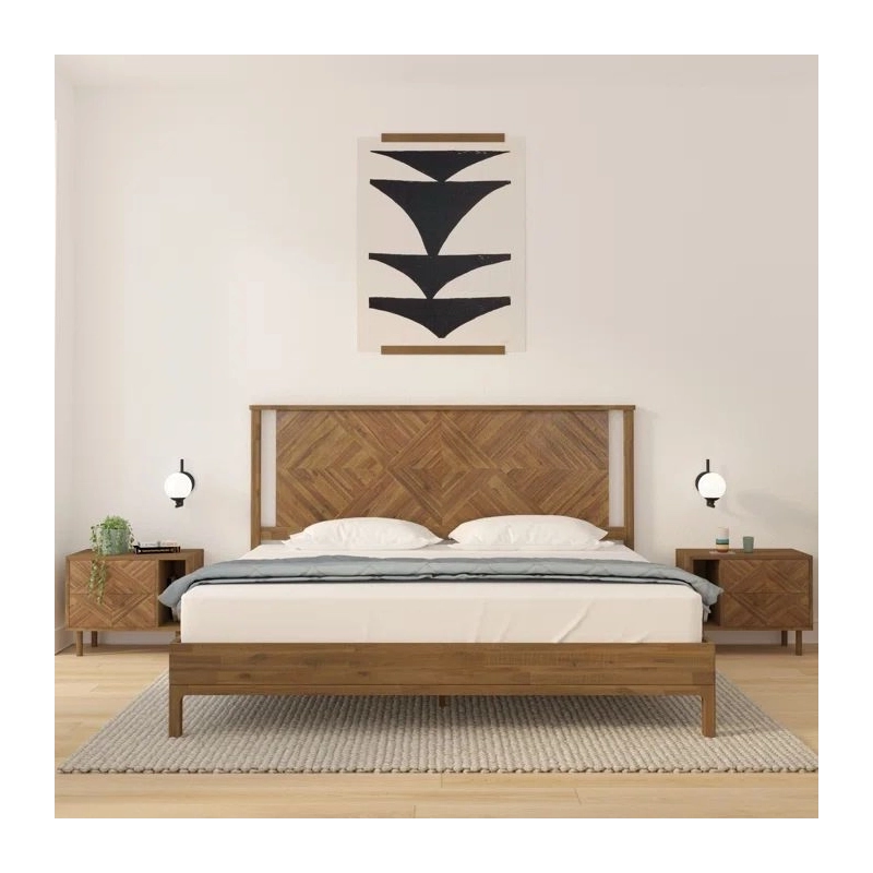 Modern Solid Wood Bed Frame with Geometric Headboard and Nightstands Set Modern Solid Wood Bed Frame with Geometric Headboard and Nightstands Set