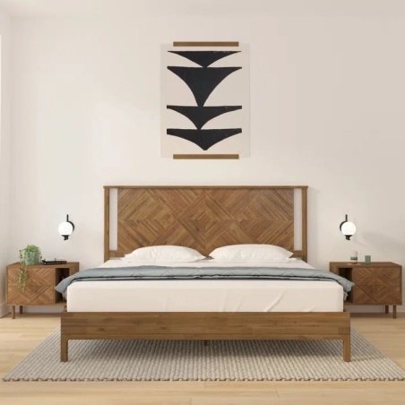 Modern Solid Wood Bed Frame with Geometric Headboard and Nightstands Set