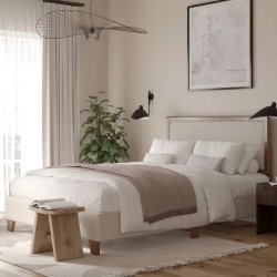 Modern Upholstered Fabric Bed Frame with Wood Legs