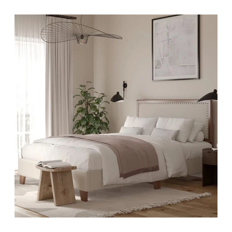Modern Upholstered Fabric Bed Frame with Wood Legs Modern Upholstered Fabric Bed Frame with Wood Legs