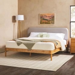 Modern Wood Platform Bed Frame with Fabric Upholstered Headboard