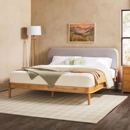 Modern Wood Platform Bed Frame with Fabric Upholstered Headboard