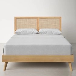 Modern Wooden Bed with Rattan Headboard