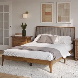 Solid Wood Bed Frame with Upholstered Headboard - Mid-Century Style
