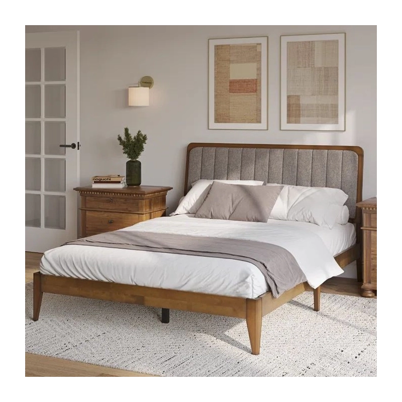 Solid Wood Bed Frame with Upholstered Headboard - Mid-Century Style Solid Wood Bed Frame with Upholstered Headboard - Mid-Century Style