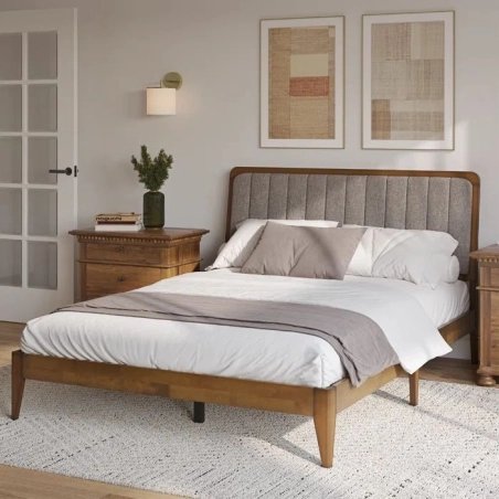 Solid Wood Bed Frame with Upholstered Headboard - Mid-Century Style