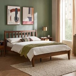 Solid Wood Bed Frame with Headboard Slats Mid-Century Modern Style