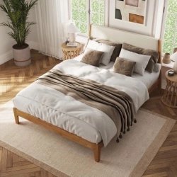 Modern Minimalist Wooden Bed Frame with Fabric Headboard