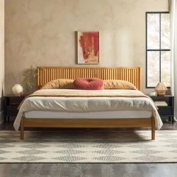 Solid Wood Bed Frame with Rattan Style Headboard
