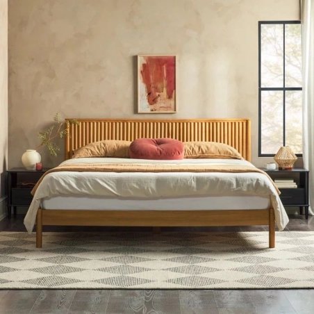 Solid Wood Bed Frame with Rattan Style Headboard