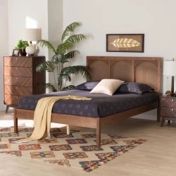 Mid-Century Modern Wood and Cane Headboard Bed Frame