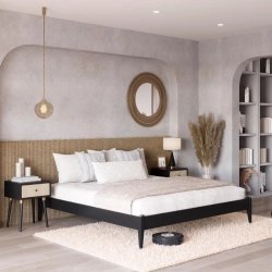 Modern Black Wood Bed Frame with Natural Rattan Headboard