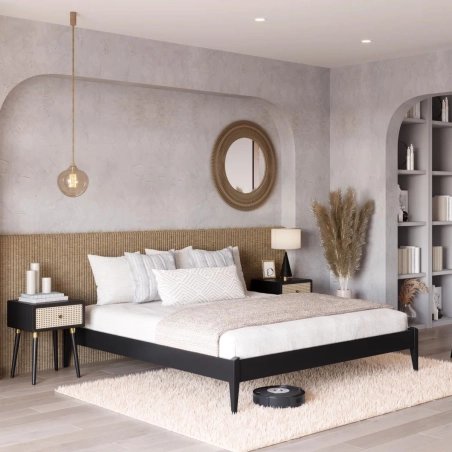 Modern Black Wood Bed Frame with Natural Rattan Headboard