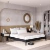 Modern Black Wood Bed Frame with Natural Rattan Headboard
