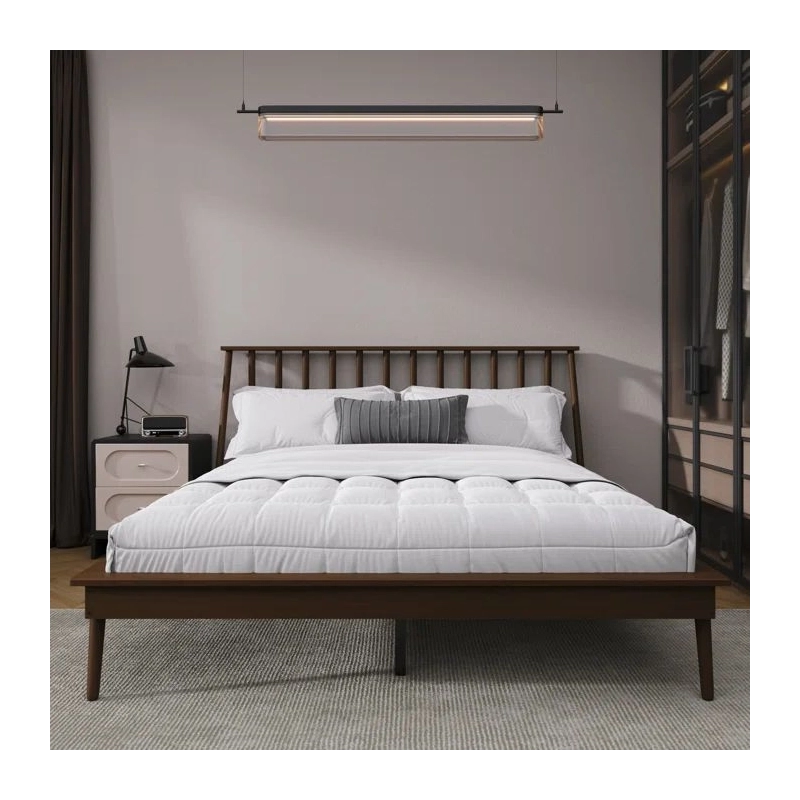 Mid-Century Modern Solid Wood Bed Frame with Spindle Headboard