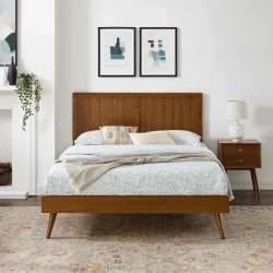 Mid-Century Modern Wood Platform Bed Frame with Headboard