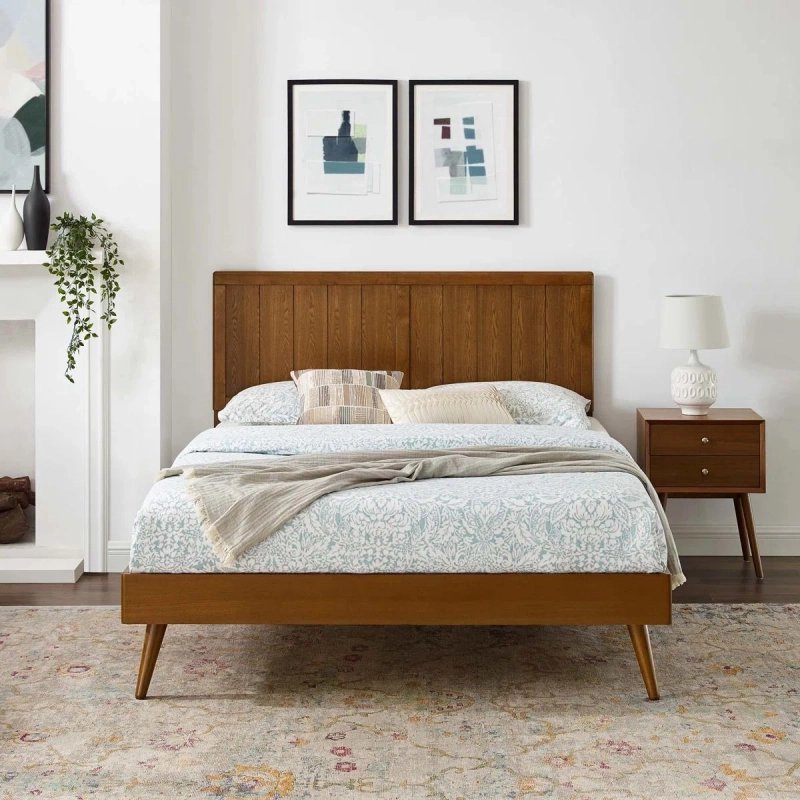 Mid-Century Modern Wood Platform Bed Frame with Headboard Mid-Century Modern Wood Platform Bed Frame with Headboard