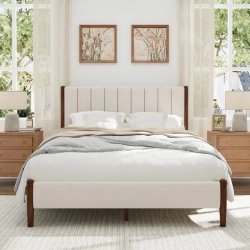 Modern Upholstered Bed Frame with Channel Tufted Headboard and Wood Legs