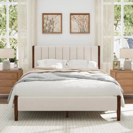 Modern Upholstered Bed Frame with Channel Tufted Headboard and Wood Legs