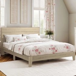 Modern Light Wood Bed Frame with Elegant Floral Bedding Set