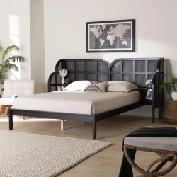 Modern Black Wood and Rattan Cane Queen Bed Frame