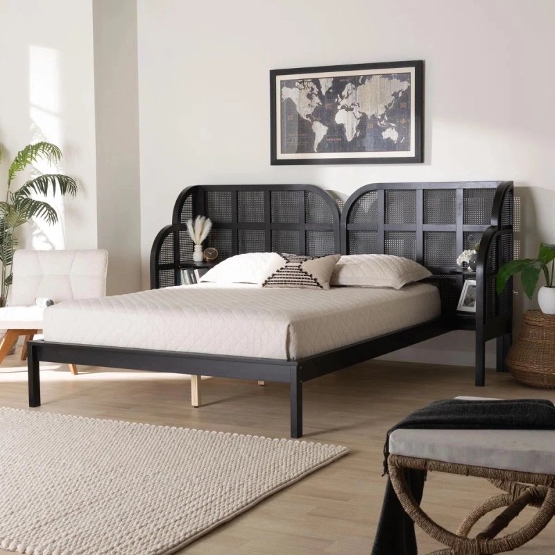 Modern Black Wood and Rattan Cane Queen Bed Frame Modern Black Wood and Rattan Cane Queen Bed Frame