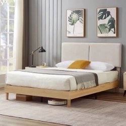 Modern Minimalist Wood Bed Frame with Upholstered Headboard