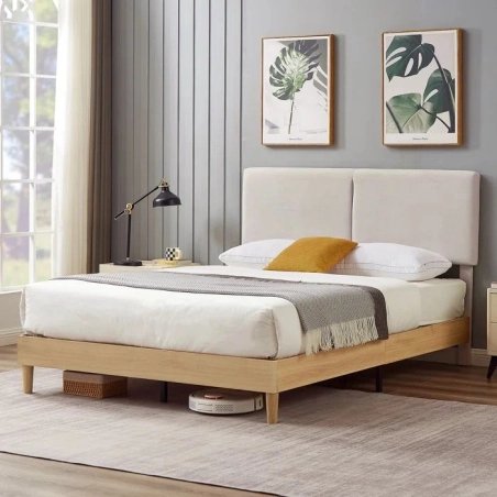 Modern Minimalist Wood Bed Frame with Upholstered Headboard